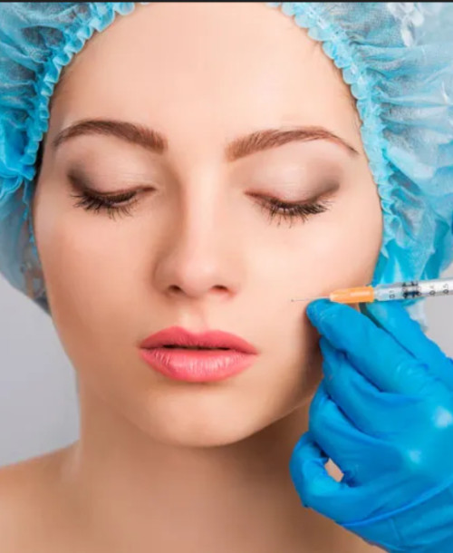 An image of a lady wearing a blue shower cap and a nurse giving Botox injection on her left cheek.